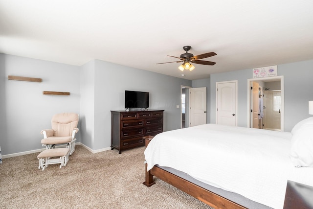bedroom featuring baseboards, ceiling fan, and light carpet
