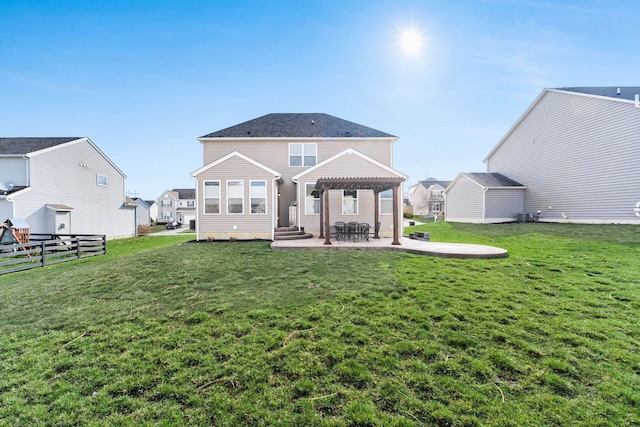 back of property with a patio area, central air condition unit, fence, a pergola, and a yard