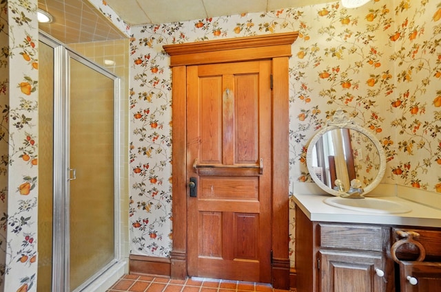 4175 Reynoldsburg Baltimore Rd NW, Baltimore, OH 43105 - full bathroom featuring a shower stall, tile patterned flooring, wallpapered walls, and vanity