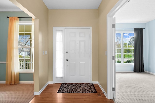 carpeted entrance foyer with baseboards and wood finished floors