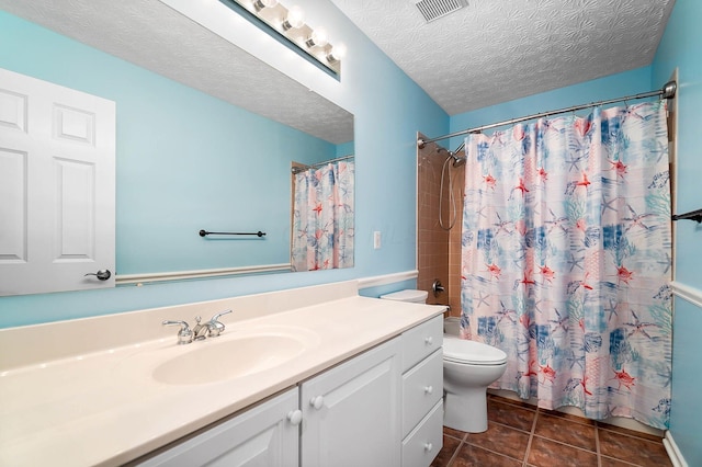 bathroom featuring vanity, toilet, tile patterned floors, a textured ceiling, and shower / bathtub combination with curtain