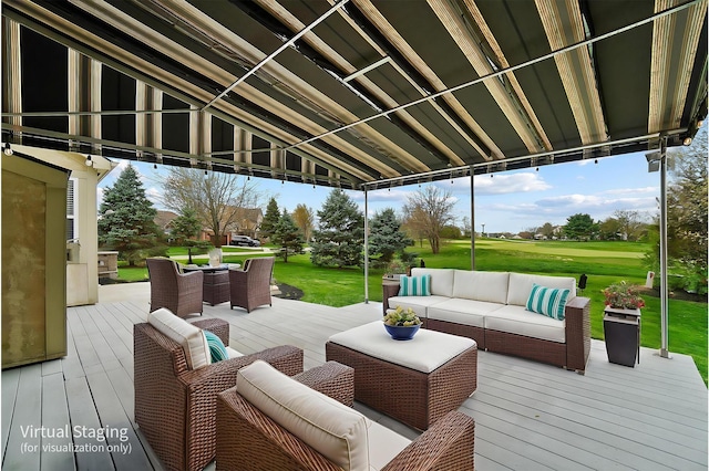 wooden deck featuring an outdoor living space, a yard, and view of golf course