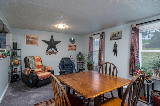 dining space with baseboards, a textured ceiling, a healthy amount of sunlight, and carpet flooring