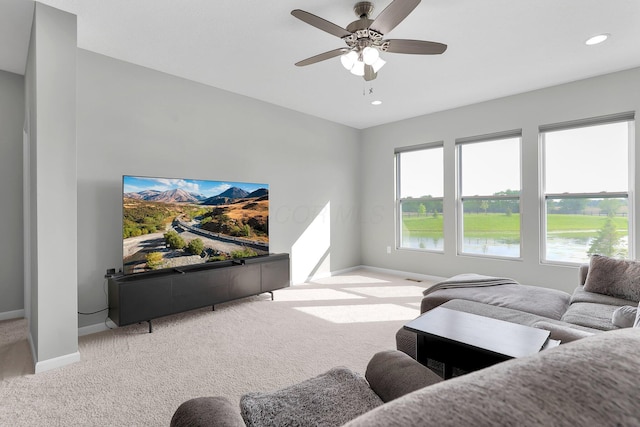 7 Erin Hills Rd, Commercial Point, OH 43116 - living room with baseboards, light colored carpet, ceiling fan, and recessed lighting