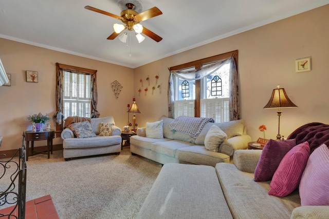 123 Campbell St, Delaware, OH 43015 - carpeted living room featuring crown molding and ceiling fan