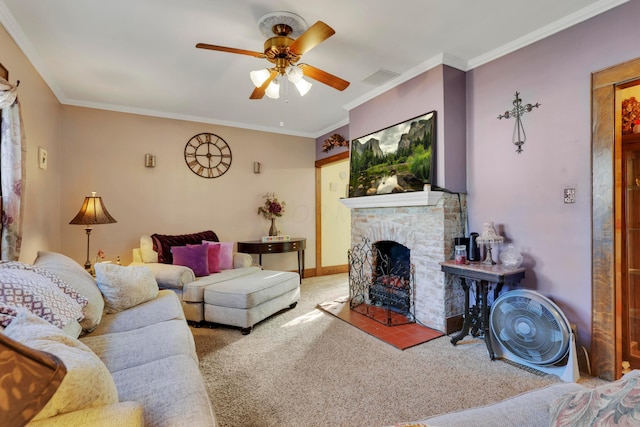 123 Campbell St, Delaware, OH 43015 - carpeted living area featuring a brick fireplace, crown molding, baseboards, visible vents, and a ceiling fan