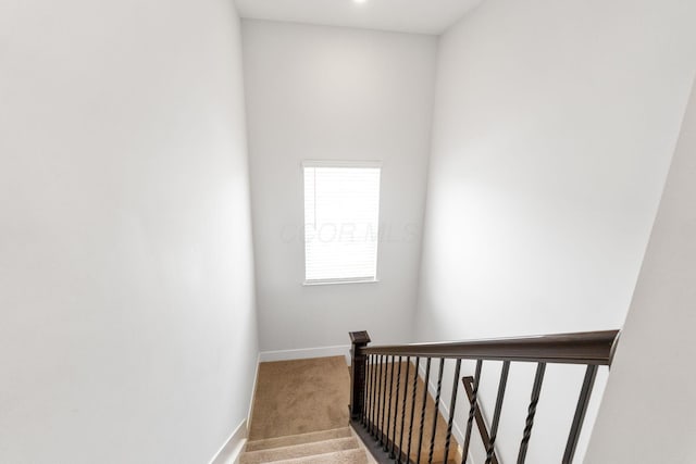 stairs featuring baseboards and carpet floors