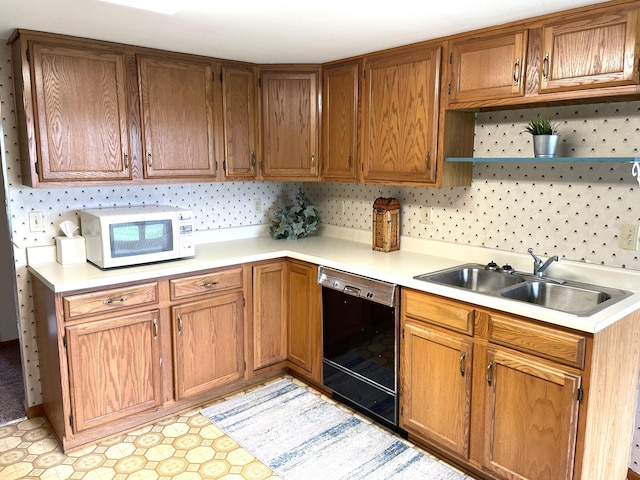 14963 Payne Rd, Marysville, OH 43040 - kitchen featuring light countertops, a sink, open shelves, dishwasher, and white microwave