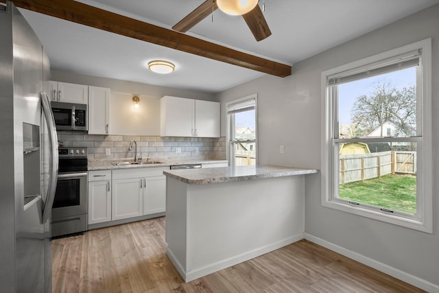 kitchen featuring a sink, light wood finished floors, tasteful backsplash, stainless steel appliances, and beamed ceiling