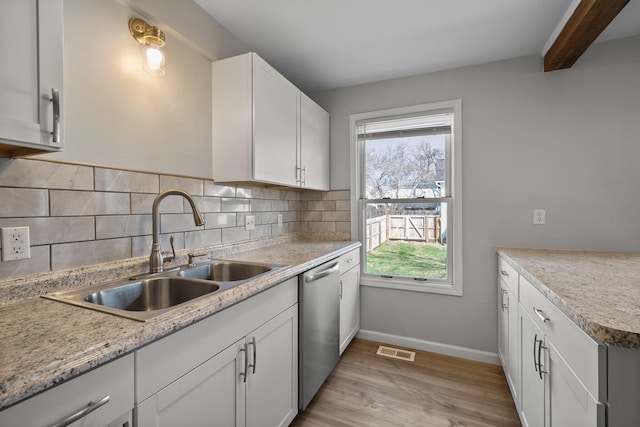 kitchen with light countertops, visible vents, tasteful backsplash, a sink, and stainless steel dishwasher