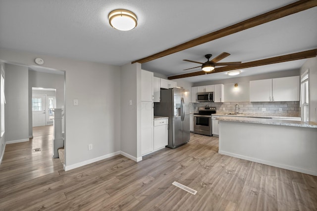 kitchen with a sink, light wood finished floors, tasteful backsplash, stainless steel appliances, and white cabinets