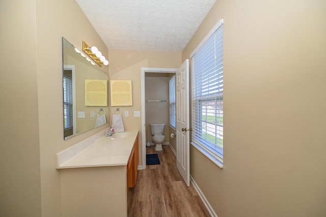 bathroom featuring vanity, baseboards, a textured ceiling, toilet, and wood finished floors