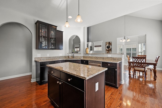 4600 Hirth Hill Rd E, Grove City, OH 43123 - kitchen featuring vaulted ceiling, stainless steel dishwasher, arched walkways, dark wood-style floors, and glass insert cabinets