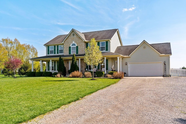 view of front of home with dirt driveway, fence, an attached garage, a porch, and a front yard