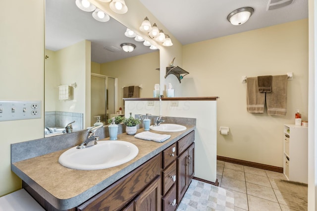 bathroom featuring double vanity, visible vents, a stall shower, and a sink