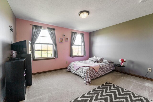 carpeted bedroom with a textured ceiling and baseboards
