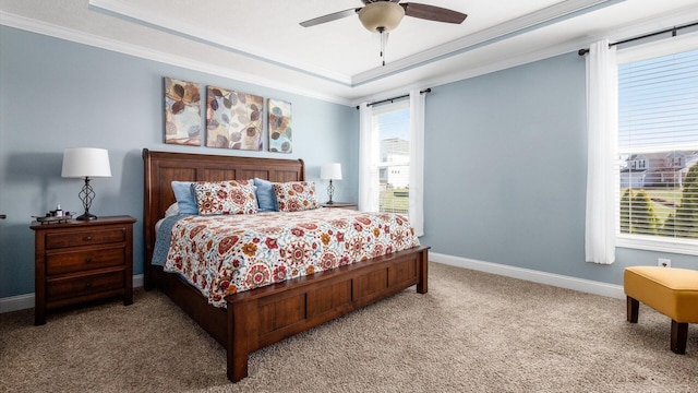 116 Coffeetree Ct, Pickerington, OH 43147 - bedroom featuring crown molding, carpet floors, baseboards, a raised ceiling, and multiple windows