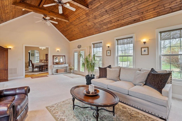 8056 Summit Rd SW, Pataskala, OH 43062 - living area with ornamental molding, visible vents, ceiling fan, high vaulted ceiling, and wooden ceiling