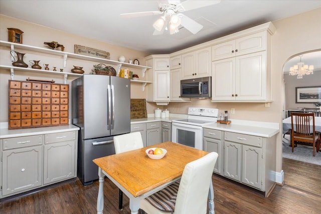 8056 Summit Rd SW, Pataskala, OH 43062 - kitchen featuring gray cabinets, open shelves, dark wood finished floors, stainless steel appliances, and ceiling fan with notable chandelier