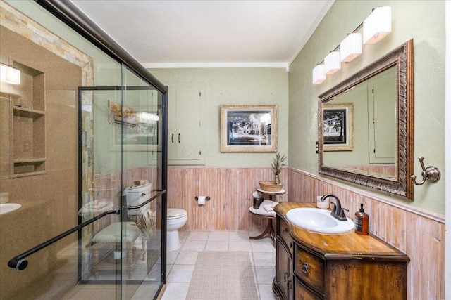 8056 Summit Rd SW, Pataskala, OH 43062 - full bath with a shower stall, toilet, wooden walls, and a wainscoted wall