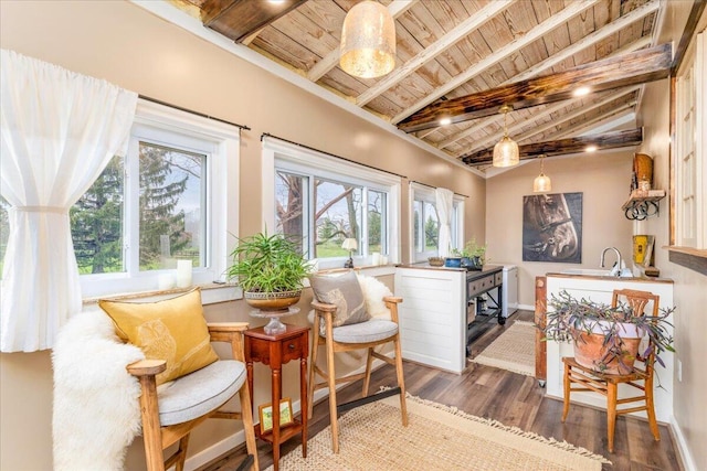 8056 Summit Rd SW, Pataskala, OH 43062 - living area with wooden ceiling, wood finished floors, lofted ceiling with beams, and a wealth of natural light