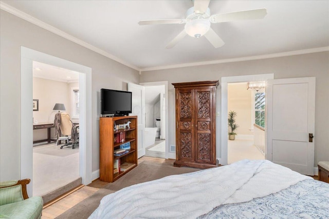 8056 Summit Rd SW, Pataskala, OH 43062 - bedroom featuring ceiling fan, baseboards, ornamental molding, and connected bathroom