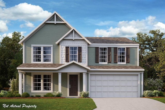 view of front of home featuring an attached garage, a shingled roof, driveway, and a front yard