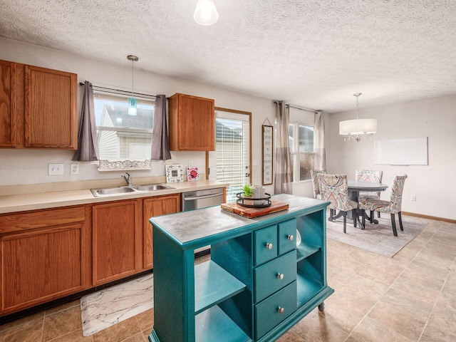 kitchen with stainless steel dishwasher, brown cabinetry, a sink, and open shelves