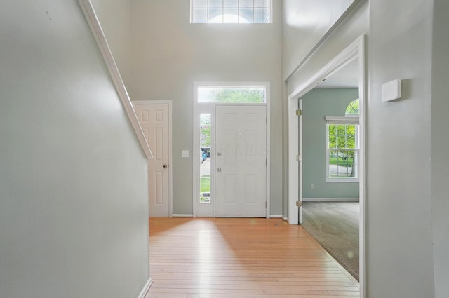 foyer with wood-type flooring, a high ceiling, and baseboards