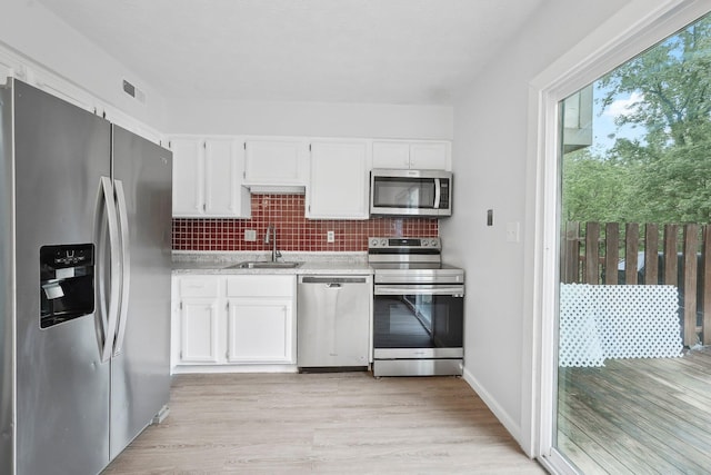 5692 Great Hall Ct, Columbus, OH 43231 - kitchen featuring appliances with stainless steel finishes, a sink, white cabinets, backsplash, and light wood-style flooring