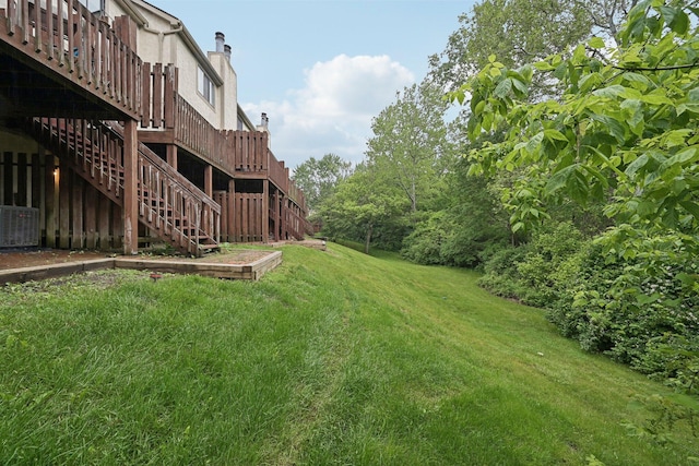 5692 Great Hall Ct, Columbus, OH 43231 - view of green lawn with stairs, central air condition unit, and a wooden deck