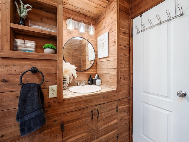 2600 Seneca Dr, London, OH 43140 - bathroom with vanity, wood walls, and wood ceiling