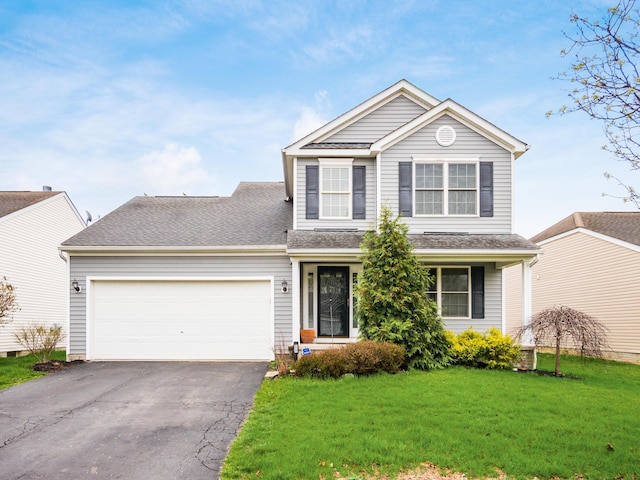 view of front of house with a front yard, an attached garage, a shingled roof, and aphalt driveway