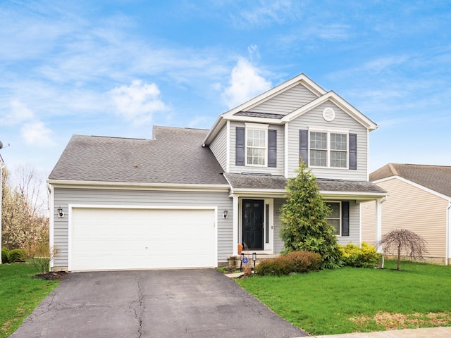 traditional-style home with a garage, a shingled roof, driveway, and a front lawn