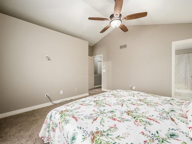 bedroom featuring visible vents, baseboards, light carpet, and lofted ceiling