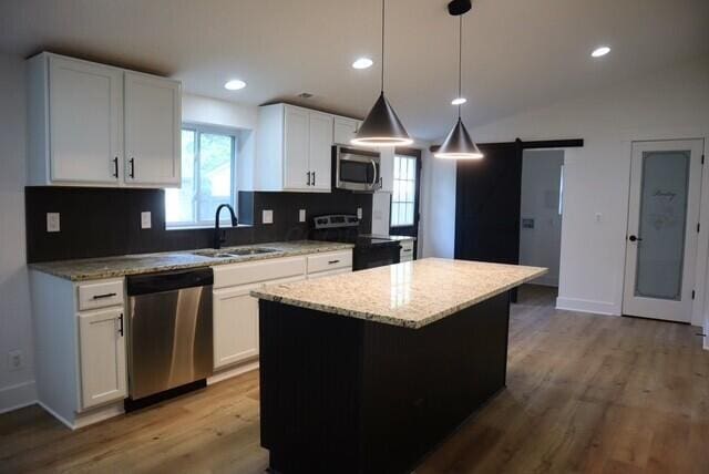 16786 Main St, Williamsport, OH 43164 - kitchen with stainless steel appliances, a barn door, wood finished floors, plenty of natural light, and recessed lighting