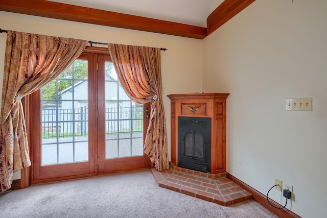 2085 US Highway 62 NE, Washington Court House, OH 43160 - unfurnished living room with baseboards, carpet floors, and a brick fireplace