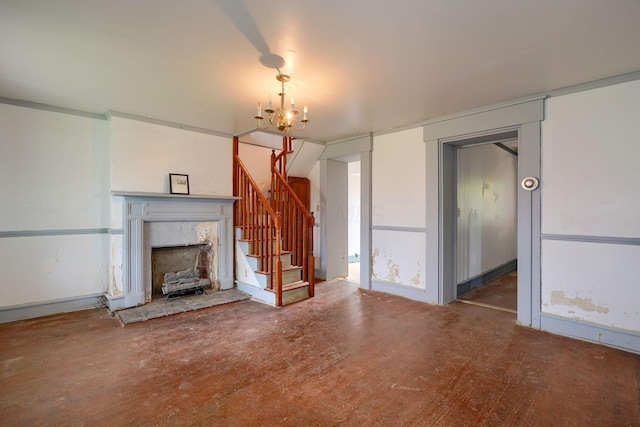 2085 US Highway 62 NE, Washington Court House, OH 43160 - unfurnished living room featuring a notable chandelier, wood finished floors, stairway, and a fireplace