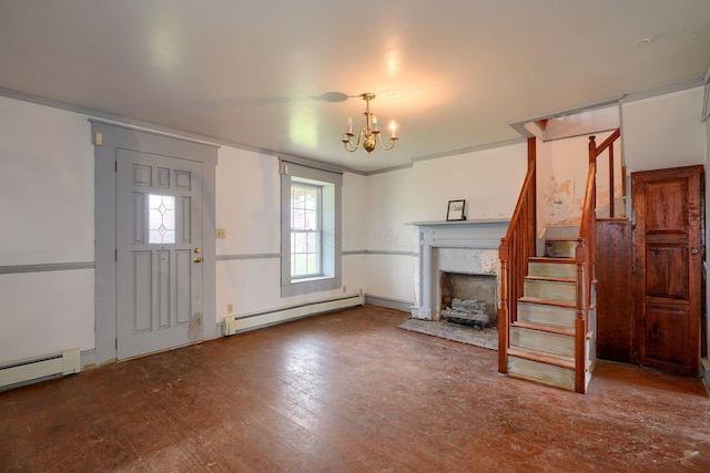 2085 US Highway 62 NE, Washington Court House, OH 43160 - unfurnished living room featuring a high end fireplace, baseboard heating, a notable chandelier, and ornamental molding