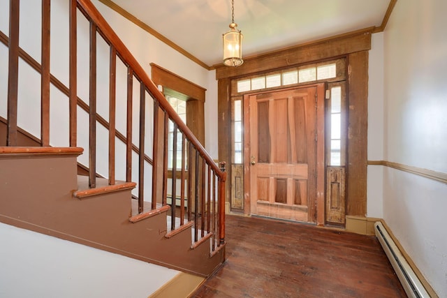 2085 US Highway 62 NE, Washington Court House, OH 43160 - foyer with a baseboard radiator, stairs, ornamental molding, and wood-type flooring