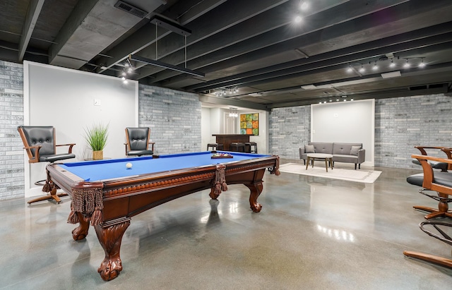 rec room with a bar, billiards, brick wall, and visible vents