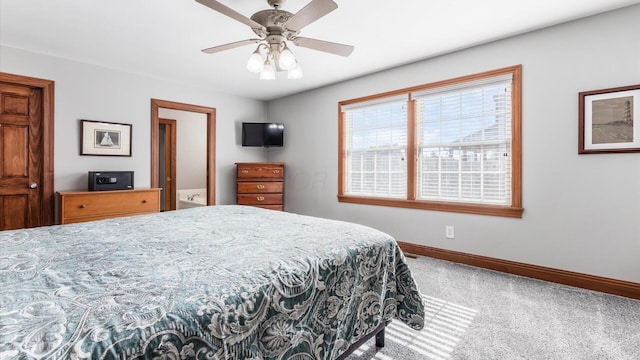bedroom with baseboards, carpet floors, and ceiling fan