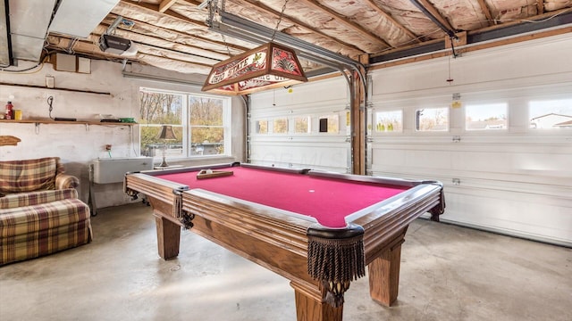 playroom featuring billiards, concrete floors, and a garage