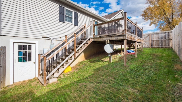 rear view of house featuring a wooden deck, a fenced backyard, stairs, and a lawn