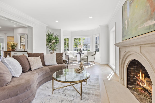 2252 Club Rd, Upper Arlington, OH 43221 - living room with a fireplace, baseboards, ornamental molding, and recessed lighting