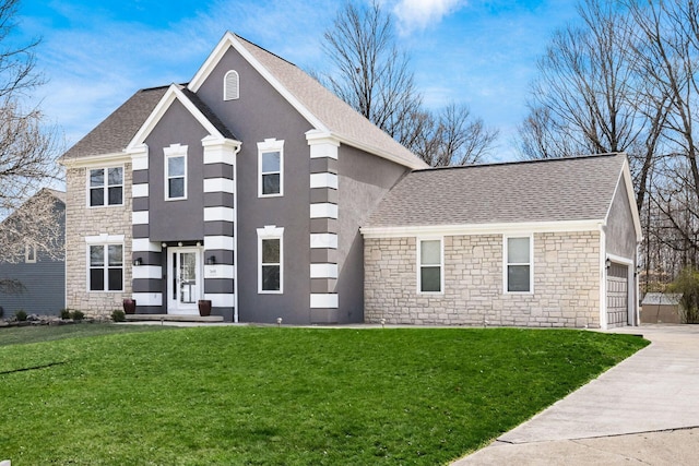 view of front facade featuring concrete driveway, stucco siding, roof with shingles, stone siding, and a front yard