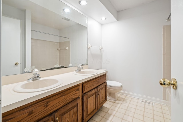 full bath featuring visible vents, toilet, a sink, and walk in shower