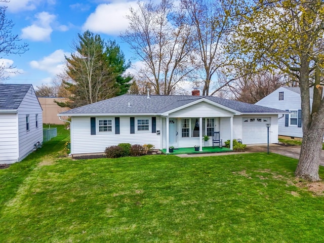 single story home with roof with shingles, a front lawn, a chimney, a garage, and concrete driveway