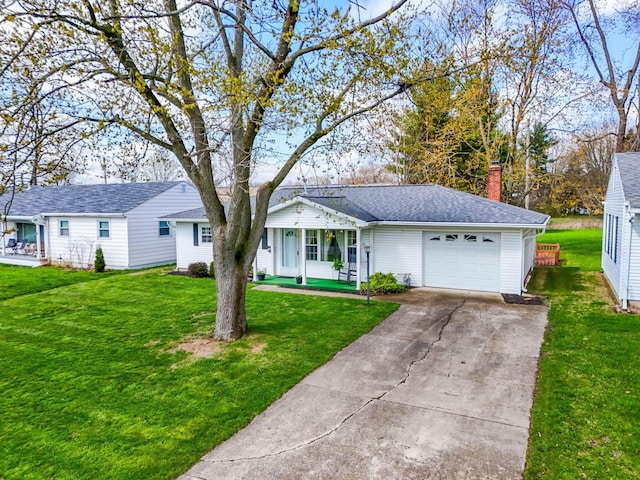 ranch-style home with an attached garage, concrete driveway, a front yard, and a porch