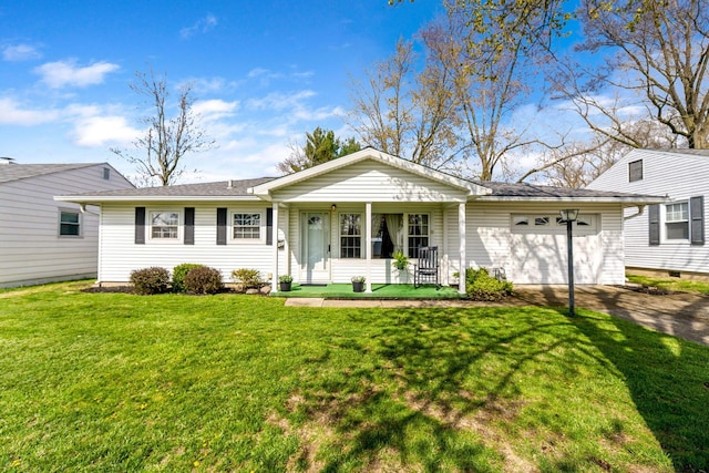 single story home featuring an attached garage, driveway, a front yard, and covered porch